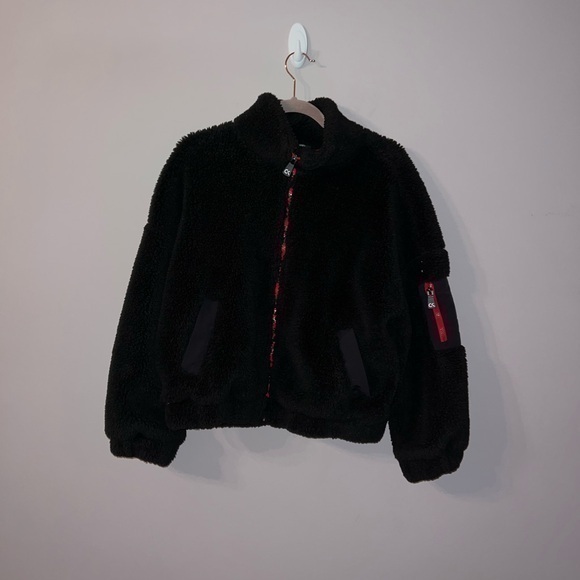 Black fuzzy jacket coat with red outline Calvin Klein Performance Small - Picture 1 of 8